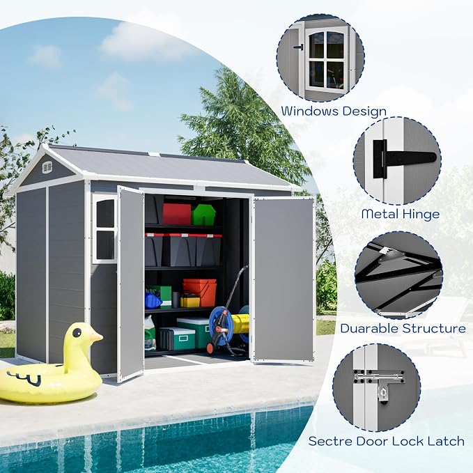 PVWIIK 8x6 ft Resin Outdoor Storage Shed with Floor & Window, Lockable Waterproof All-Weather Utility Shed for Garden Tools & Trash Bins, Gray-White