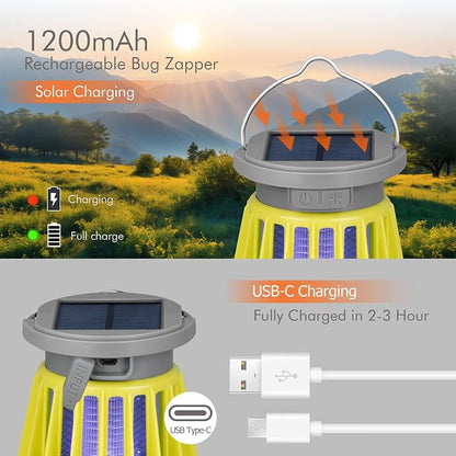 Solar Bug Zapper Outdoor Waterproof, Portable Mosquito Zapper, 2-in-1 Cordless & Rechargeable Bug Zapper with LED Light for Home, Camping, Patio, Yard, Pool (Green)