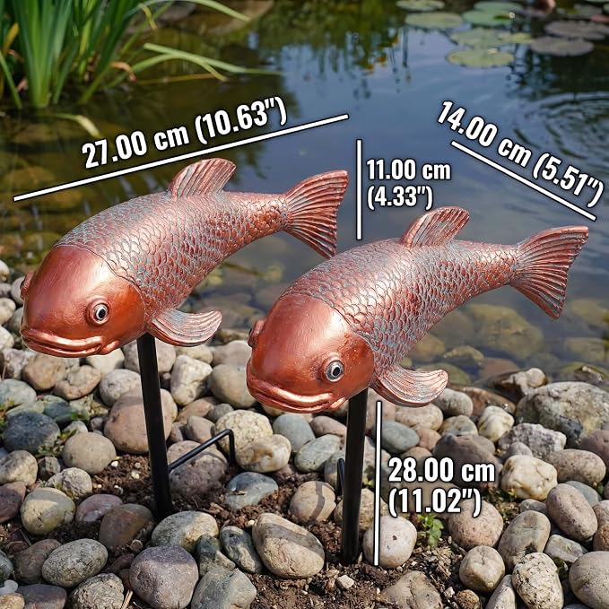 Set of 2 Antique Koi Statue - Resin Real Fish Garden Sculpture, Elegant Live Fish Pond Decor for Patio, Backyard,Unique Outdoor Ornaments