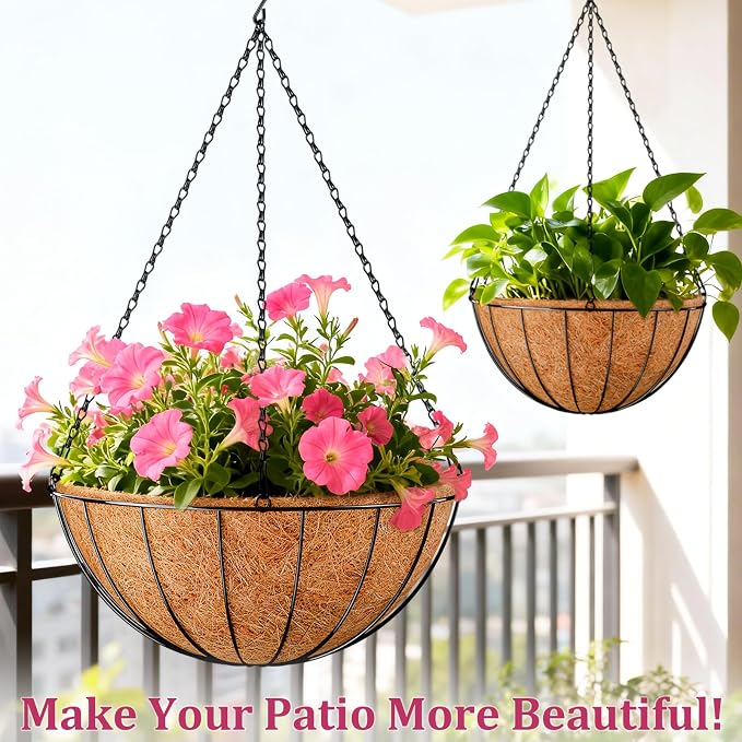 Halatool 20 Inch Large Hanging Baskets Planters for Outdoor Plants, 2 Pack | Metal Outdoor Hanging Baskets with Coco Liner, Round Hanging Flower Pot for Plants Flowers Garden Decorations