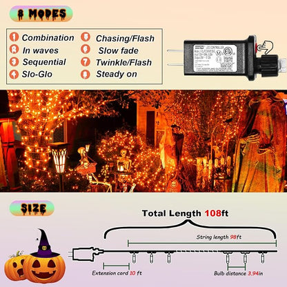 300 Led Orange String Lights Outdoor Halloween Decorations, 108 Ft Thanksgiving Decor Lights 8 Modes Fairy Lights for Bedroom Yard Room Decor