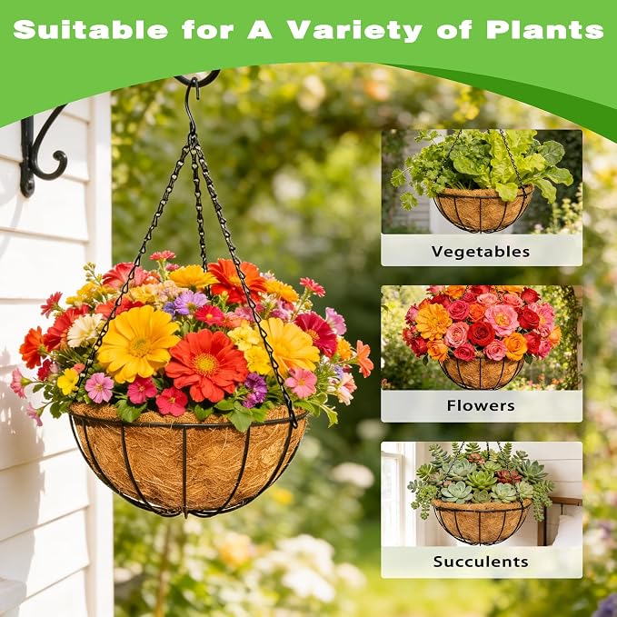 2 Pack 12 Inch Black Metal Hanging Basket Hanging Planter with Coco Coir Liner Heavy Duty Hanging Flower Pot Holder for Indoor Outdoor Patio Garden Porch Balcony Decor (Watermelon)