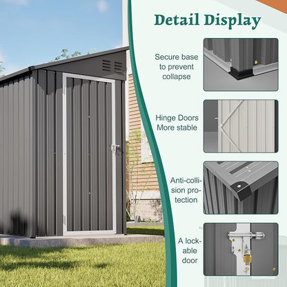 YOPTO 4×8 FT Lean to Metal Shed,Outdoor Heavy-Duty Storage Shed with Floor Base,All Weather Waterproof Garden Tool House W/Lockable Door&2 Air Vents,Reversible Door Design,for Backyard,Patio,Lawn,Gray