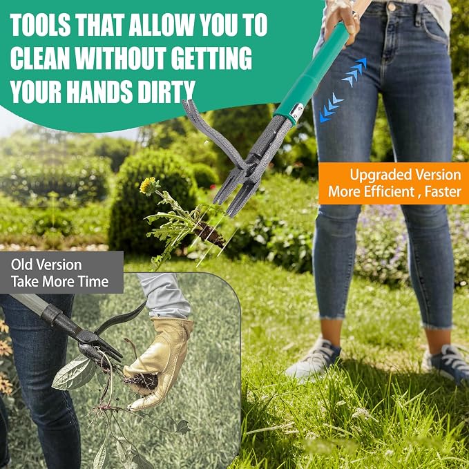 Pragmatist Stand Up Weed Puller Tool with Dual Weed Eject Tech, 4 Claw Steel Head Garden Tools 57.1" Long Handle Weeder, Heavy Duty No Bend Weed Remover for Dandelions, Thistles, Lawn and Yard