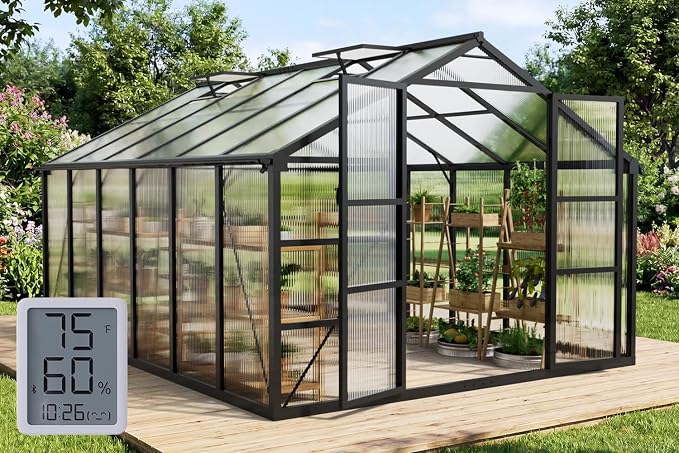 10x12FT Green Houses for Outside with Hygrometer, Double-Door Polycarbonate Greenhouse with Drainage Channel, Large Heavy Duty Greenhouse with Aluminum Frame, Roof Vent for Backyard or Garden Use