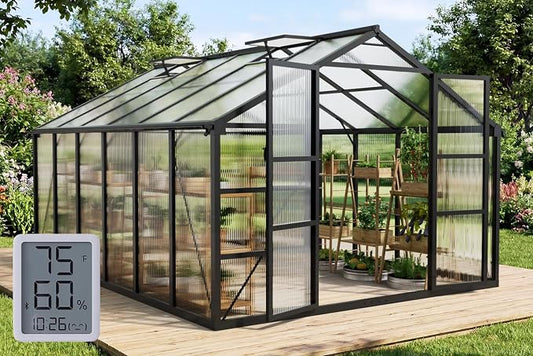 10x12FT Green Houses for Outside with Hygrometer, Double-Door Polycarbonate Greenhouse with Drainage Channel, Large Heavy Duty Greenhouse with Aluminum Frame, Roof Vent for Backyard or Garden Use