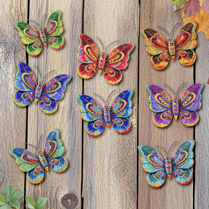 Junware 8 Pieces Metal Butterfly Wall Art Decor - 5.9" Outdoor Fence Wall Sculpture Decor, Hanging Decoration for Garden Yard Living Room Bedroom Patio Balcony, Nice Gift for Mom Friend