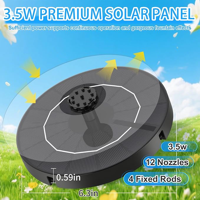 3.5W Solar Fountain Pump, Solar Bird Bath Fountain with 6 Blue & 6 Black Nozzles, Solar Water Pump for Outdoor Garden Patio Small Pond Fish Tank Landscape Decoration