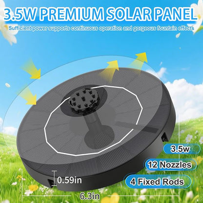 3.5W Solar Fountain Pump, Solar Bird Bath Fountain with 6 Blue & 6 Black Nozzles, Solar Water Pump for Outdoor Garden Patio Small Pond Fish Tank Landscape Decoration