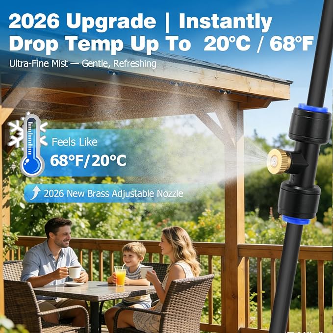 Mellbree Misters for Outside Patio 100FT/30M, Pre-Assembled Misting Cooling System with 30 Brass Nozzles & 3/4" Adapter, Outdoor Mister for Garden, Backyard, Livestock Ranch, Greenhouse, Pool Area