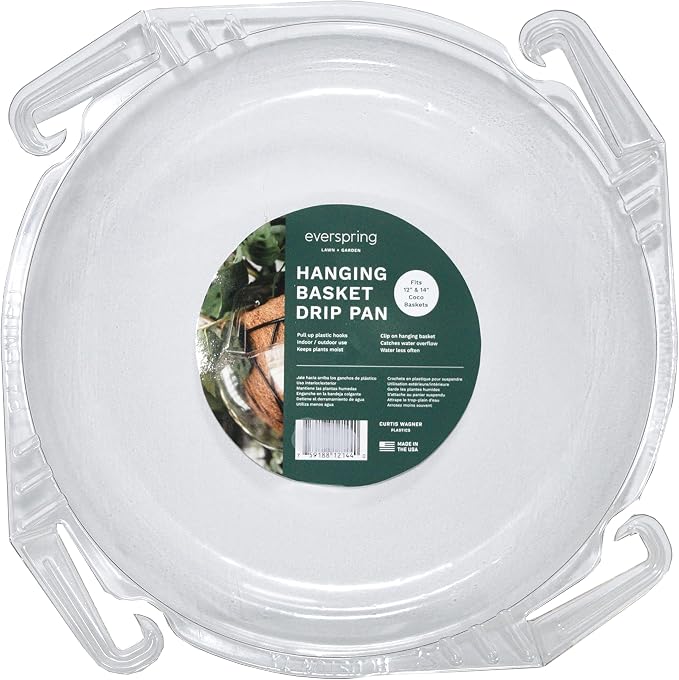 Curtis Wagner Plastics Wire Coco Hanging Basket Drip Pans (5-Pack) | Clear, Round (Top 12” - 14", Depth 3.75") Hanging Plant Tray Saucer with Built-in Hooks & Water Catcher for Indoor & Outdoor