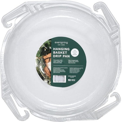 Curtis Wagner Plastics Wire Coco Hanging Basket Drip Pans (5-Pack) | Clear, Round (Top 12” - 14", Depth 3.75") Hanging Plant Tray Saucer with Built-in Hooks & Water Catcher for Indoor & Outdoor