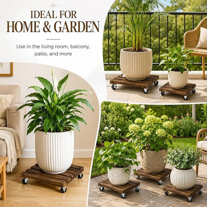 4 Pack Wooden Plant Stand With Wheels, 12" Rolling Planter Base Plant Stand, With Metal Lockable Caster Wheels, For Indoor Outdoor Plant Pots
