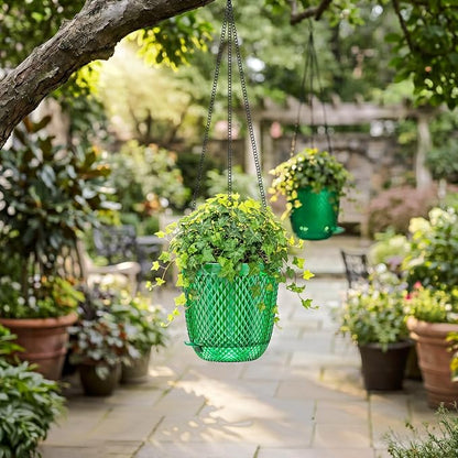 QCQHDU 5.7 Inch 2 Pack Small Hanging Planters for Indoor Outdoor Plants,Self Watering Flower Pots Hanging Basket Plant Hanger with Drainage Holes and 3 Hooks for Window Porch Garden Balcony, (Green)