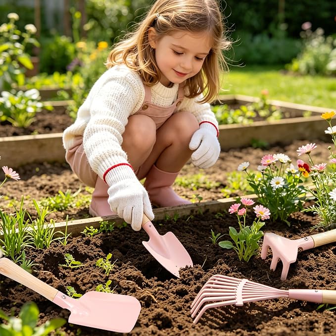 Kids Gardening Set with Wheelbarrow, Metal Kid Gardening Tools Set with Long Handle Tool, Hand Tool & Gloves, Backyard Gardening Tools for Kids Outdoor Play Birthday Gifts