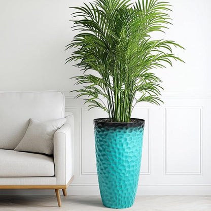 23.75" Turquoise Teal Plastic Tall Planters with Honeycomb Texture | Set of 2 PP tall planters with turquoise teal honeycomb texture, drainage plugs, and UV-treated finish for porch or patio