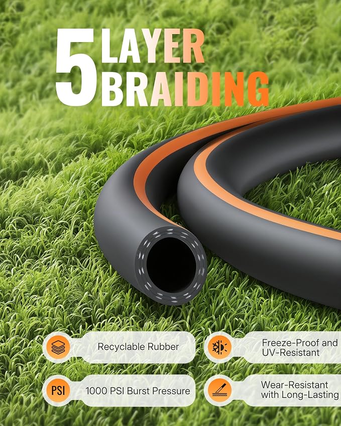 100FT x 5/8" Rubber Garden Hose, Heavy Duty Garden Water Hose, 300 PSI Working, 1000 PSI Burst, Swivel Handle with Stainless Steel Ring, 5-Layer Braided, All-Weather Outdoor Use, BG100GH06