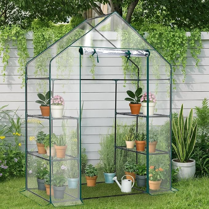 Outvita Walk-in Greenhouse, Outdoor Durable PVC Plant Green House for Frost Protection with 3 Tiers 4 Shelves, Shelf Clips, Roll-up Zipper Door, 56"x29"x77" Transparent