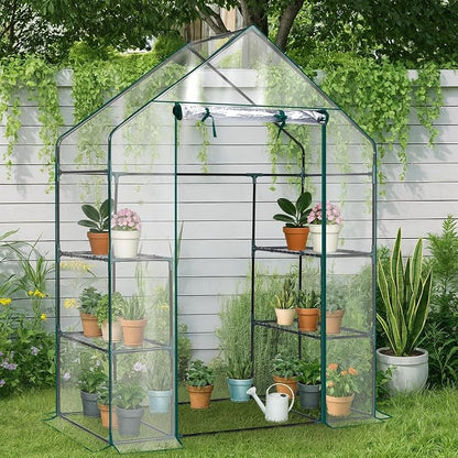 Outvita Walk-in Greenhouse, Outdoor Durable PVC Plant Green House for Frost Protection with 3 Tiers 4 Shelves, Shelf Clips, Roll-up Zipper Door, 56"x29"x77" Transparent