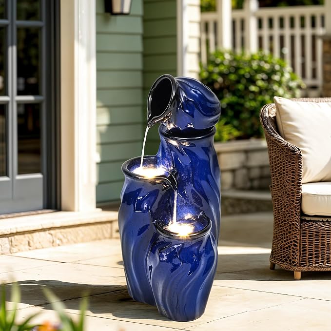 29" Ceramic Water Fountain Outdoor, 4-Tier LED Cascading Waterfall | Dynamic Wave-Texture Garden Fountain with Lights, Serene Relaxing Water Feature for Patio Backyard Decor, Cobalt Blue Glaze