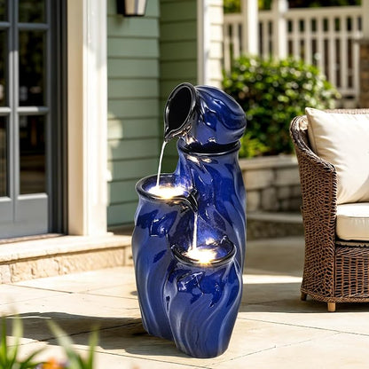 29" Ceramic Water Fountain Outdoor, 4-Tier LED Cascading Waterfall | Dynamic Wave-Texture Garden Fountain with Lights, Serene Relaxing Water Feature for Patio Backyard Decor, Cobalt Blue Glaze
