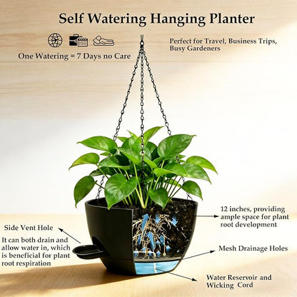 12 Inch Self Watering Hanging Planters 2 Pack, Black. | Plastic planters with drainage holes and saucers. Suitable for indoor, outdoor, kitchen, balcony and garden plant decor.