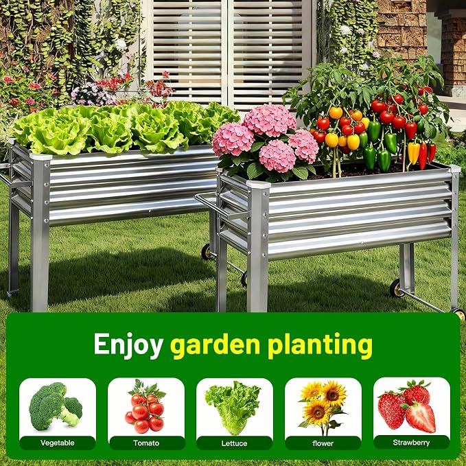 Land Guard 2 Pack Galvanized Raised Garden Bed with Legs & Wheels, 48×18×32in Metal Elevated Raised Planter Box for Backyard, Patio, Balcony, 500lb Capacity, Silver
