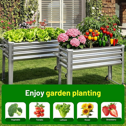 Land Guard 2 Pack Galvanized Raised Garden Bed with Legs & Wheels, 48×18×32in Metal Elevated Raised Planter Box for Backyard, Patio, Balcony, 500lb Capacity, Silver