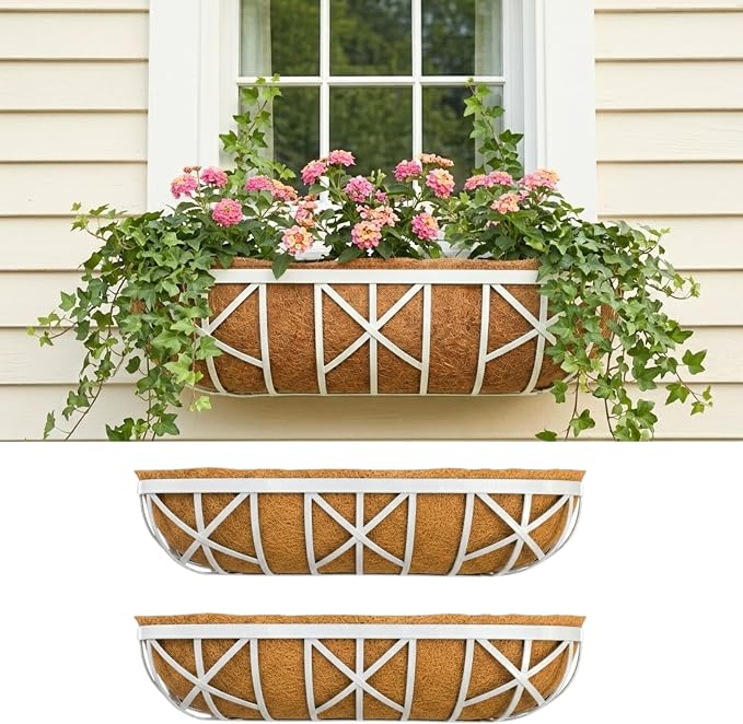 LaLaGreen 30 Inch, 2 Pack White Metal Window Planters-Wall Mount Flower Pots for Outdoor with Coco Coir Liner, Attach to House Flower Boxes Hanging Walls Plant Holders for Fence Balcony Porch, Patio