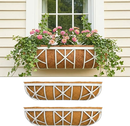 LaLaGreen 30 Inch, 2 Pack White Metal Window Planters-Wall Mount Flower Pots for Outdoor with Coco Coir Liner, Attach to House Flower Boxes Hanging Walls Plant Holders for Fence Balcony Porch, Patio