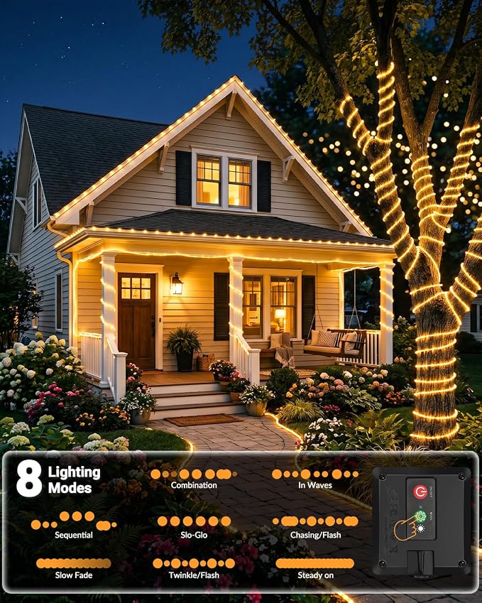 btfarm 6 Pack Solar Rope Lights Outdoor, 120LED 46FT Solar String Lights Outside Waterproof, 8 Lighting Modes Solar Powered Strip Tube Light for Garden Tree Christmas Yard Party Decor, Warm White