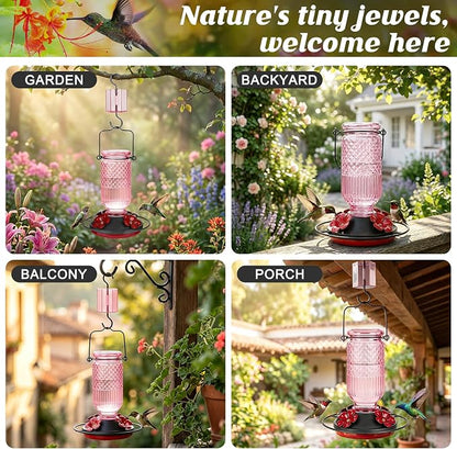 FEED GARDEN Glass Hummingbird Feeder for Outdoors Hanging, 16 OZ Humming Bird Feeders with 4 Bee Guard Feeding Ports & Built-in Ant Moat, Hummingbird Gifts for Mom Bird Feeder for Outside, Pink,2 Pack