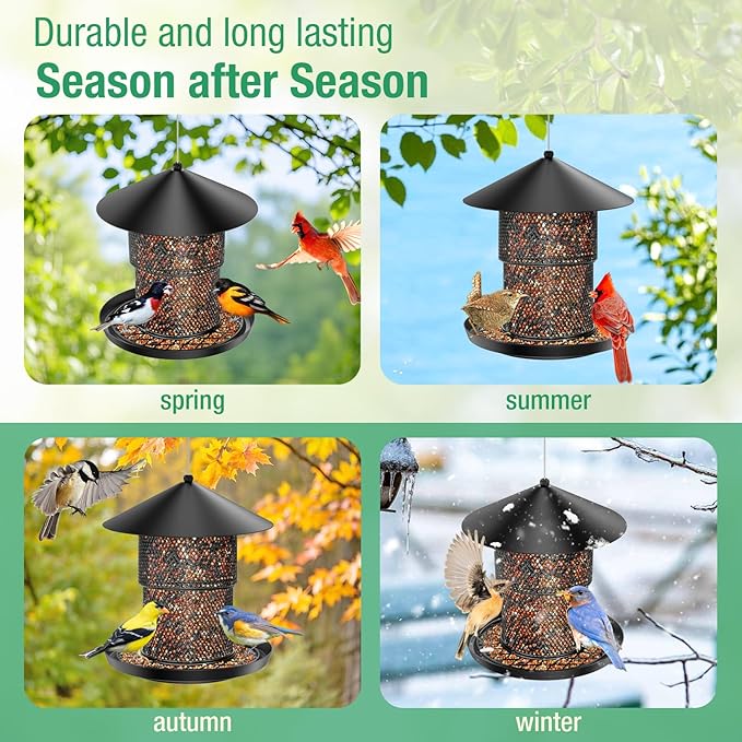 Bird Feeder for Outdoor Hanging, No Mess No Spill and Squirrel Proof Feeder | Squirrel Proof Bird Feeder with Catch Tray - Large Capacity All-Metal for Outside Hanging