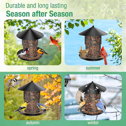 Bird Feeder for Outdoor Hanging, No Mess No Spill and Squirrel Proof Feeder | Squirrel Proof Bird Feeder with Catch Tray - Large Capacity All-Metal for Outside Hanging