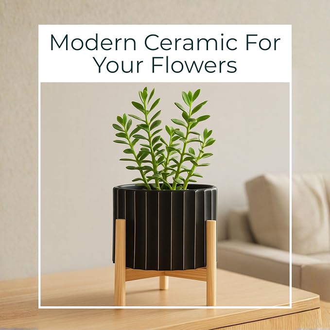 Ceramic Planter with Pine Wood Stand – Plant Pot – Durable Stoneware Planter for Indoor Outdoor Use – Modern Minimalist Plant Holder for Home Decor, Living Room, Garden, Balcony – 9", Black Fluted