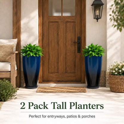 Neoaider Set of 2 Tall Planter, 21 inch Large Plastic Planter, Dark Blue | Ceramic-Look, Lightweight, Built-in Drain Hole, Saucers, Tall Outdoor Planter for Porch, Garden, Patio, Balcony