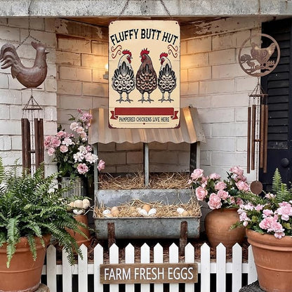 Vintage Chicken Signs Fluffy Butt Hut Pampered Chickens Live Here, whimsical chicken decor Decor for Chicken Coop Farm Kitchen Garden Yard Wall Art 8x12 Inch