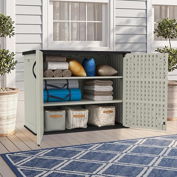 Devoko 26 Cu Ft Plastic Outdoor Storage Cabinet, Beige | Horizontal Resin Storage Shed with Lockable Door, Water-Resistant Backyard Storage Box for Garden Patio, Shelf Not Included