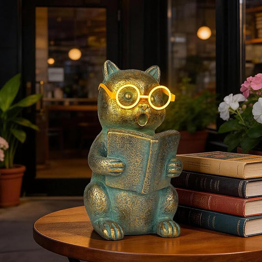 Solar Reading Cat Decor with Light-Up Glasses Patina Garden Statues | Resin Outdoor Animal Ornament for Patio Yard Porch, Birthday Housewarming Gifts for Women Cat Lovers