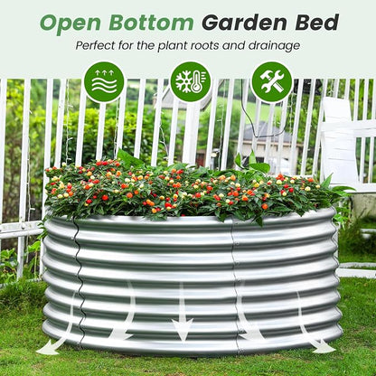 Land Guard 2×2×2ft Galvanized Raised Garden Bed Kit, Round Galvanized Planter Raised Garden Boxes Outdoor, Large Metal Raised Garden Beds for Vegetables, Silver