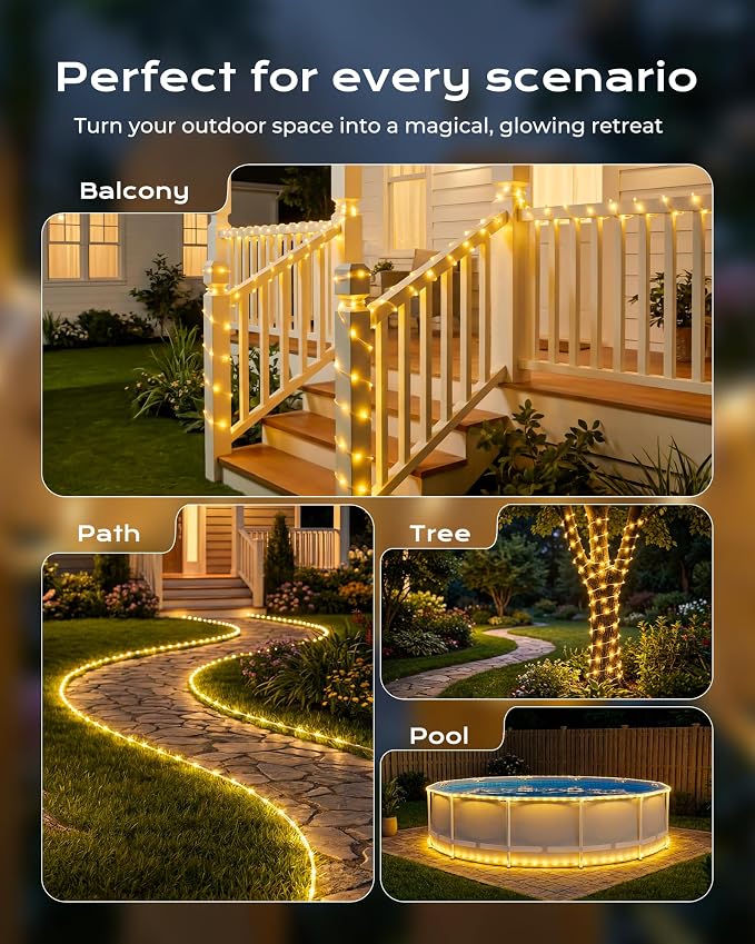 Brightown Solar Rope Lights, 2 Pack Total 78FT 200LED Warm White Solar String Lights Outdoor, IP65 Waterproof Solar Powered Fairy Lights with 8 Lighting Modes for Yard Garden Patio Tree Decoration | IP65 Waterproof Solar Fairy Lights with 8 Lighting Mo...
