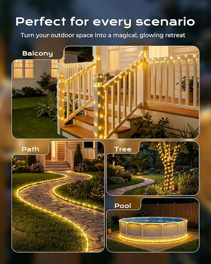 Brightown Solar Rope Lights, 2 Pack Total 78FT 200LED Warm White Solar String Lights Outdoor, IP65 Waterproof Solar Powered Fairy Lights with 8 Lighting Modes for Yard Garden Patio Tree Decoration | IP65 Waterproof Solar Fairy Lights with 8 Lighting Mo...