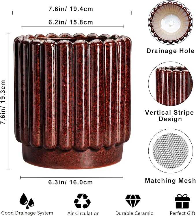 Ceramicfor Ceramic Plant Pot, 7.6 Inch, Red | Indoor Planter, Drainage Hole, Fluted Design, Round Shape, Outdoor/Patio Use