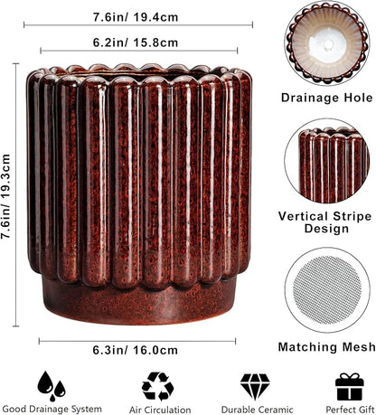 Ceramicfor Ceramic Plant Pot, 7.6 Inch, Red | Indoor Planter, Drainage Hole, Fluted Design, Round Shape, Outdoor/Patio Use