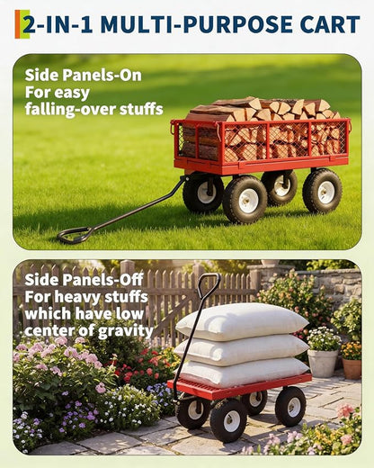GarveeTech 400LBS Heavy Duty Steel Garden Cart, Garden Wagon Cart on Wheels, Metal Yard Utility Wagon with Removable Mesh Sides, 10" All Terrain Tires, 180° Rotating Handle for Lawn, Garden, Farm