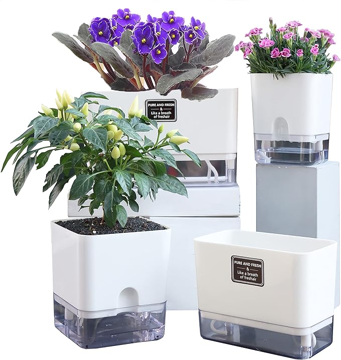 FAMZ Self Watering Pots for Indoor Plants 4 Pack White Self Watering Planters with Water Reservoir and Cotton Wick System, Bottom Watering Plant Pots for African Violet Herbs Small Indoor Plants