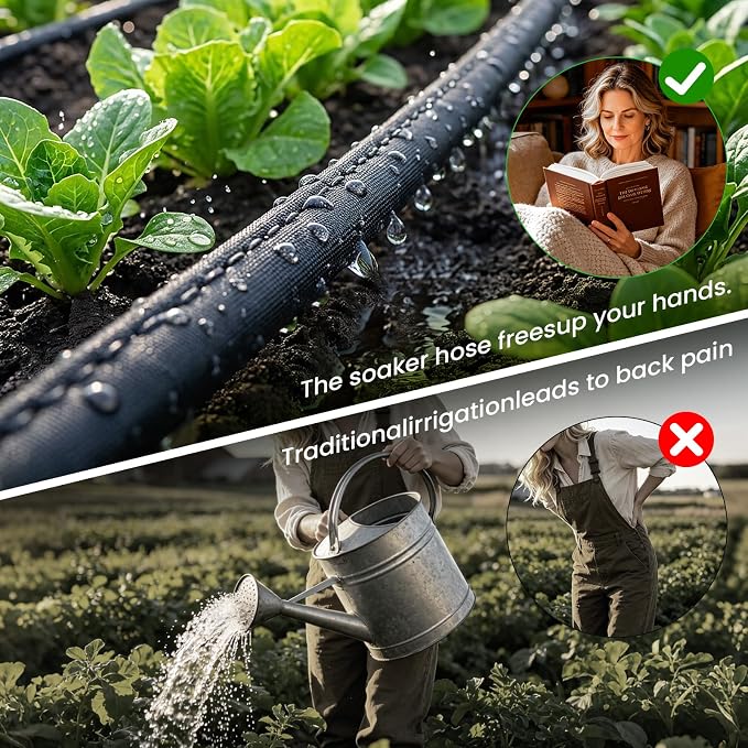 MIXC 2026 Thickened Flat Soaker Hose 200Ft with Copper Joint, Saving 80% Water, Aluminum Seal, 1mm Hose, 360°Swival Handle, Hole Pressure Relief Gasket, Drip Kit for Vegetable Garden, Lawn, Flower Bed