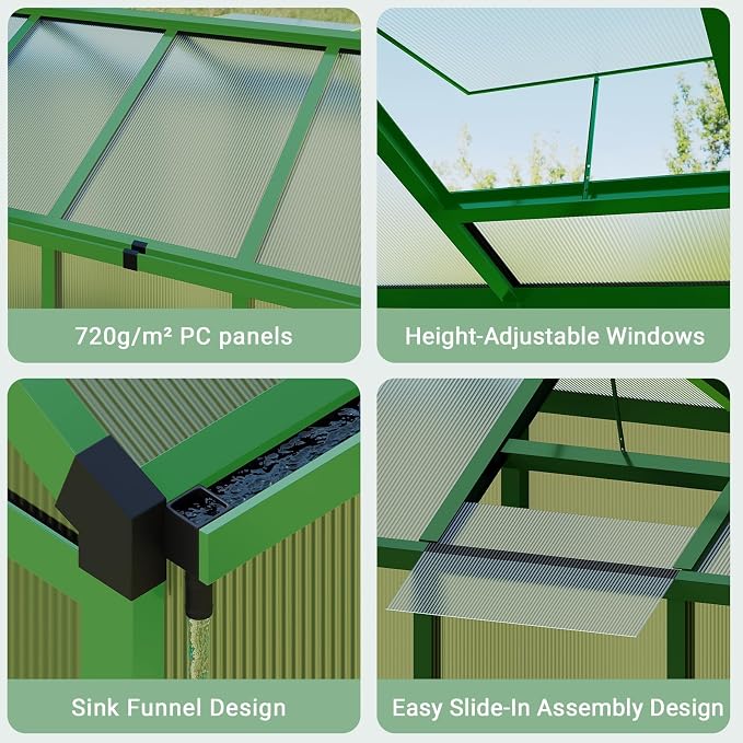 Greenhouse, 6x8 FT Greenhouse for Outdoors, Walk-in Green House with Ground Nails and Vent Windows, Sliding Lockable Door, Polycarbonate Greenhouses for Outside Garden Backyard, Quick Setup, Green