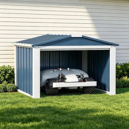REEMOON 3x3 FT Metal Robot Mower Garage, Small Outdoor Shed, Blue | Open-front metal shelter for robot mowers, garden tools, trash bins, and small backyard equipment; assembly required.