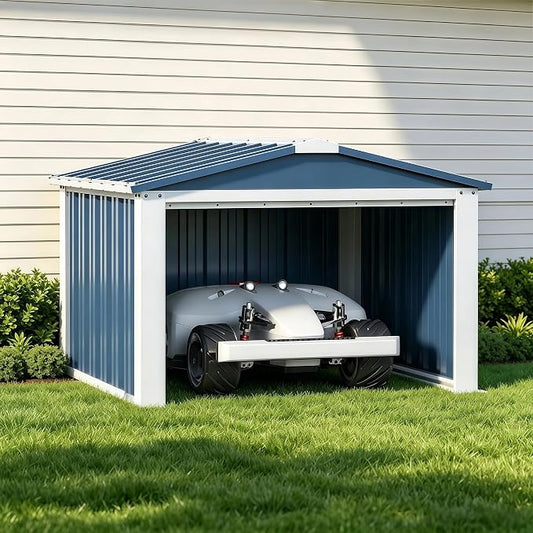 REEMOON 3x3 FT Metal Robot Mower Garage, Small Outdoor Shed, Blue | Open-front metal shelter for robot mowers, garden tools, trash bins, and small backyard equipment; assembly required.
